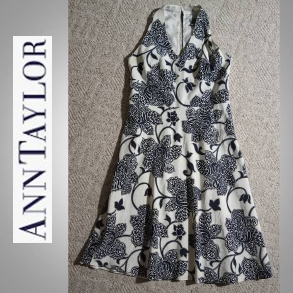 Ann Taylor SILK dress white w/black flowers size 6